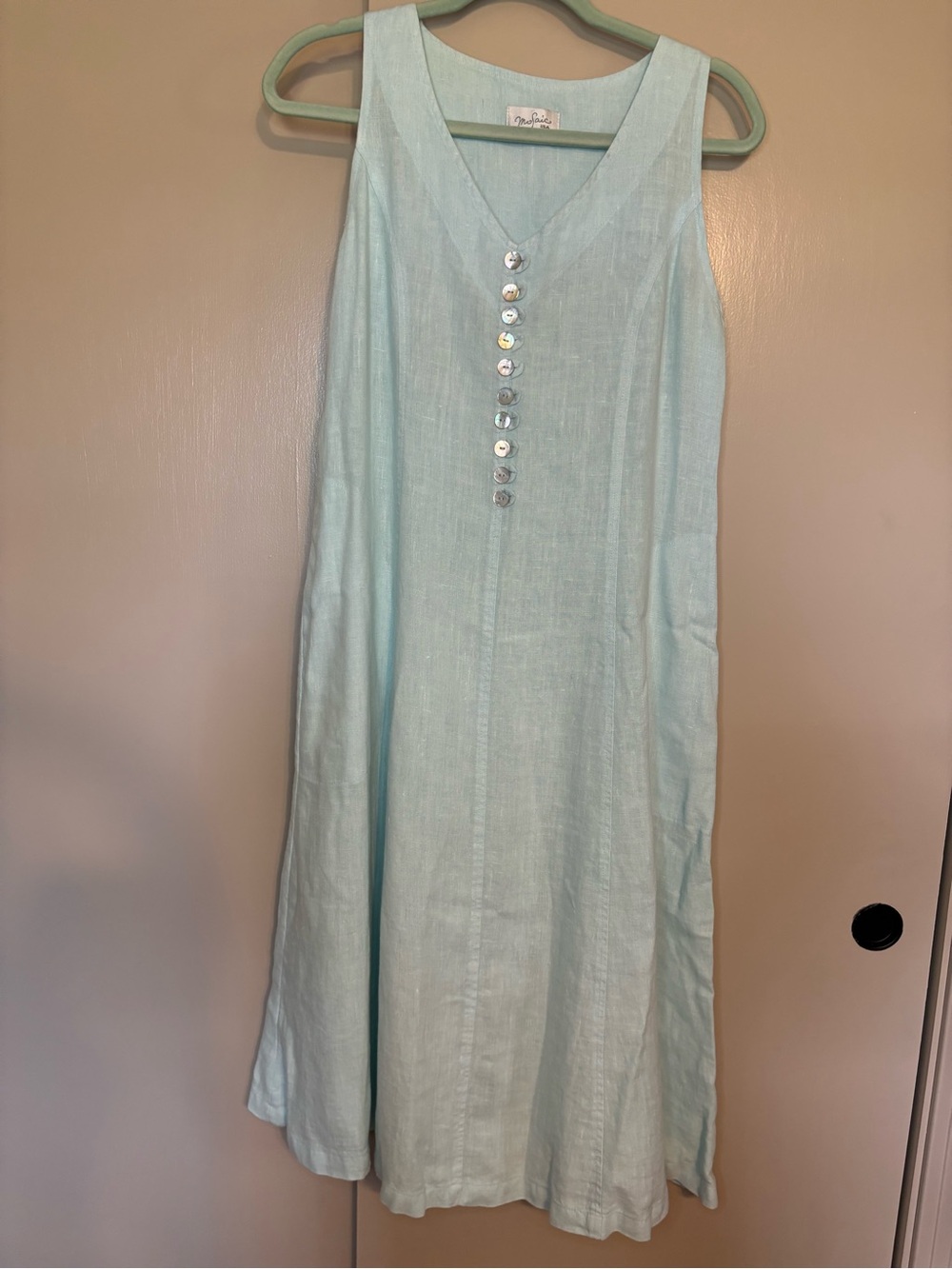 Sleeveless Light Aqua V-Neck Mosaic Dress with Button Detail